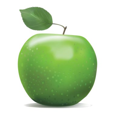 Yapraklı büyük yeşil olgun bir elma. Baskı, ağ ve dekorasyon için gerçekçi bir tasvir. Yemek sanatı 3 boyutlu. Beyazda izole edilmiş.