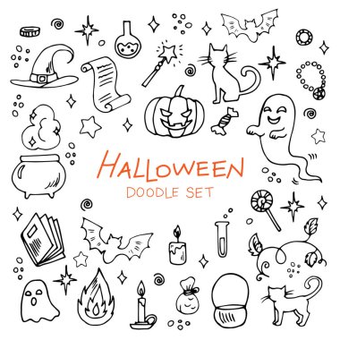 Cadılar Bayramı karalama seti. Dekorasyon, çıkartma ve baskı için el çizimi öğeler. Hayalet, mum, kedi, alev, balkabağı, cadı şapkası, kitap, şeker, zehir, yıldızlar, sihirli obgektler. Vektör grafiği.