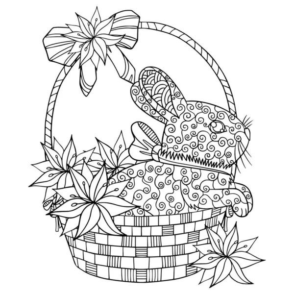 Easter Beautiful Illustration Little Rabbit Wicker Basket Lilies Vector Outline — Stock Vector