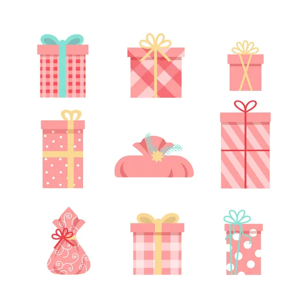 Rosa Lindo Presenta Conjunto Estilo Plano Cajas Regalo Vectoriales Con — Vector de stock