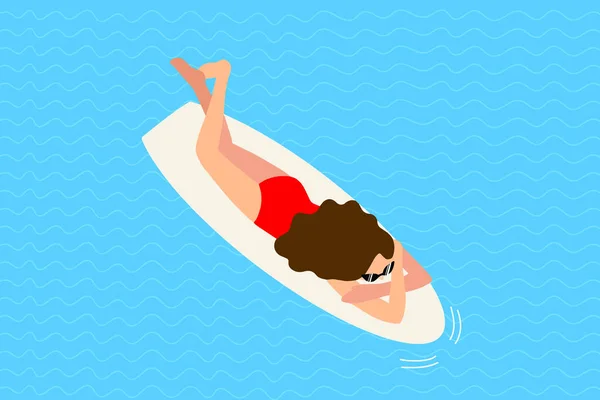 Mujer Surfista Chica Relajándose Agua Ilustración Plana Vectorial Estilo Vida — Archivo Imágenes Vectoriales
