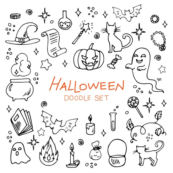 Cadılar Bayramı karalama seti. Dekorasyon, çıkartma ve baskı için el çizimi öğeler. Hayalet, mum, kedi, alev, balkabağı, cadı şapkası, kitap, şeker, zehir, yıldızlar, sihirli obgektler. Vektör grafiği.