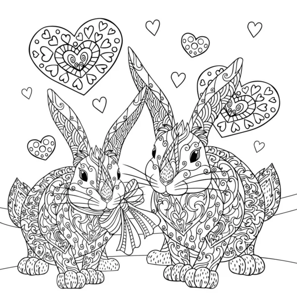 Deux Drôles Lapins Amoureux Coloriage Lapins Mignons Avec Des Éléments — Image vectorielle
