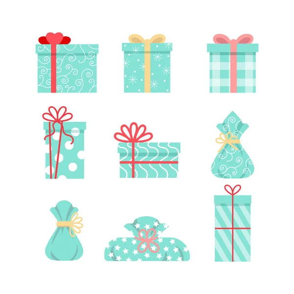 Blue Funny Presents Set Flat Style Vector Gift Boxes Ribbons — Stock Vector