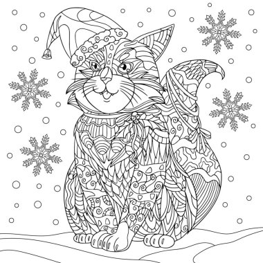 Noel şapkalı şirin kedi kışın kar görür. Karalama ve zamazingo öğeleriyle yetişkinler için boyama kitabı sayfası. Vektör el izole edildi.