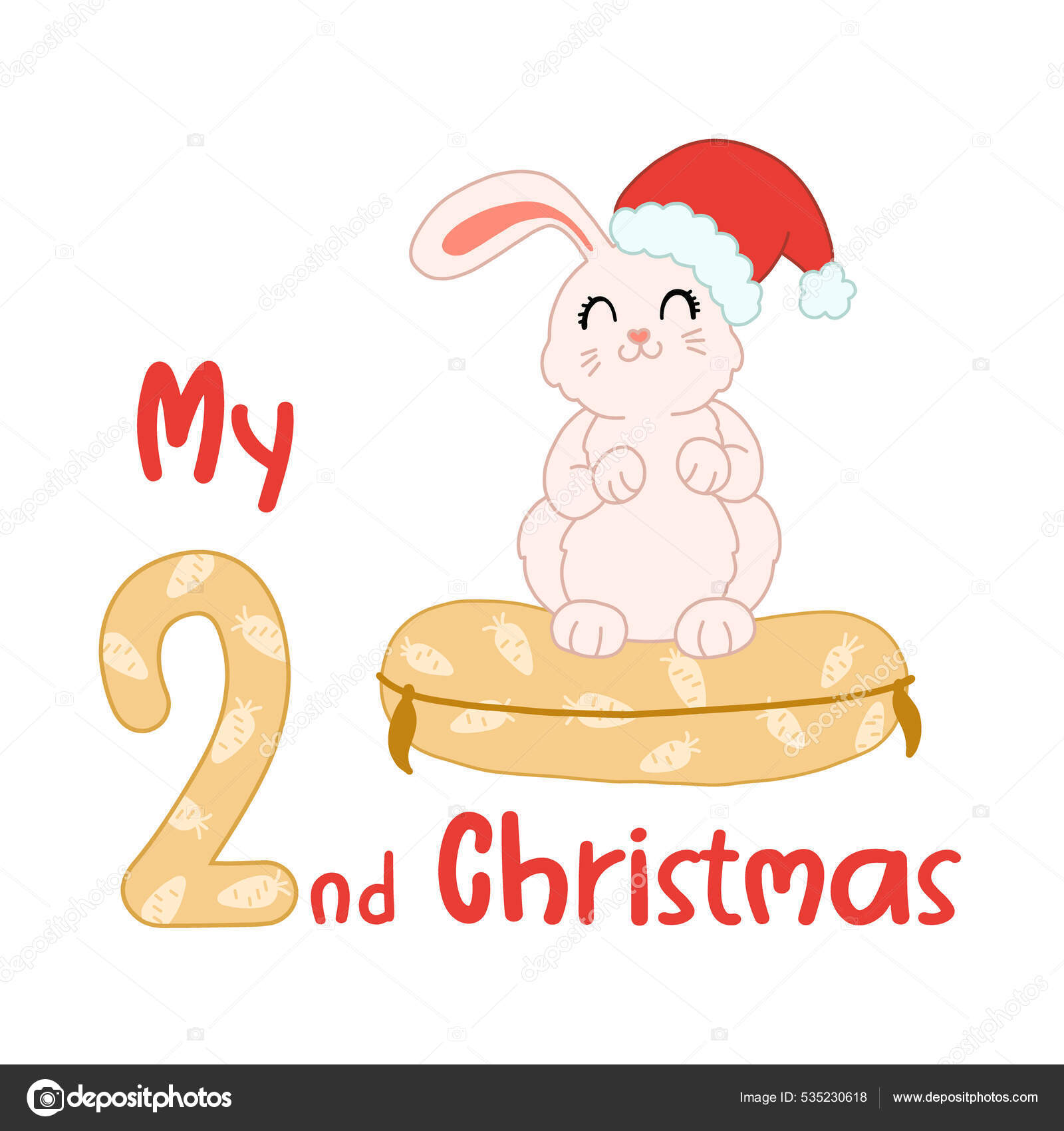 圣诞宝宝戴着可爱的卡通兔子帽我的第二个圣诞节兔子宝宝衬衫印刷品矢量孤立的说明图库矢量图©daniella.belaya 535230618, image size:1600x1700