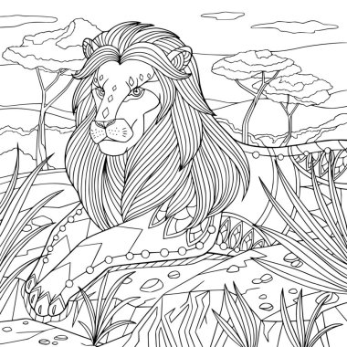 Aslan gururla yerde yatar. Yetişkin için boyama kitabı sayfası. Karalama ve zenkarga elementleri içindeki Afrika vahşi kedisi. Anti-stres için vektör el çizimi.