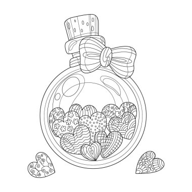 Glass bottle with candy hearts for Valentine's day. Coloring book page for adult with doodle and zentangle elements. Vector hand drawn isolated.