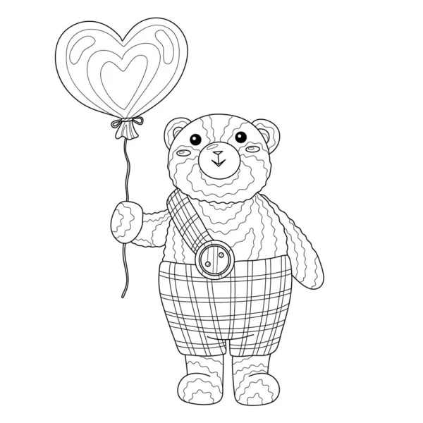 Teddy Bear Cartoon Animal Heart Balloon Valentine Day Coloring Book — стоковый вектор