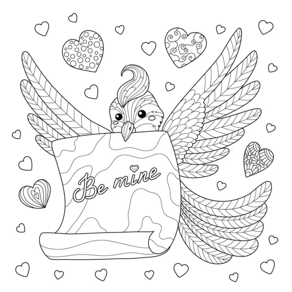 Funny Bird Love Letter Message Mine Valentine Day Coloring Book — Image vectorielle