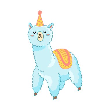 Kıyafet illüstrasyonunda parti çizgi filmi lama. Çıkartmalar, yetiştirme, hediyeler, baskılar için komik, çocukça alpaka izole vektörü. Kawaii küçük lama.