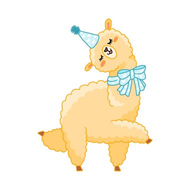 Sevimli, neşeli, çizgi film karakteri, lama çizimi. Çıkartmalar, yetiştirme, hediyeler, baskılar için komik, çocukça alpaka izole vektörü. Kawaii küçük lama.