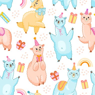 Lama 'nın doğum günü kusursuz vektör deseni. Paket kağıdı için hediye, kalp ve gökkuşağı olan şirin alpaka, doğum günü partisini kutlamak ve dekore etmek, çocuk kumaşı. Beyazda izole edilmiş.
