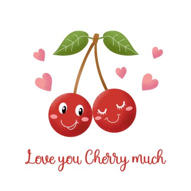 Kirazlı posterini çok seviyorum. Birbirine aşık iki kiraz Sevgililer Günü 'nü kutluyor. Tebrik kartı, baskı ve poster için vektör el çizimi. Beyazda izole edilmiş.