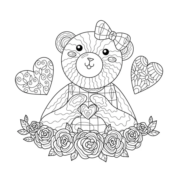 Прекрасный Плюшевый Мишка Показывает Сердце День Святого Валентина Розами Страница — стоковый вектор