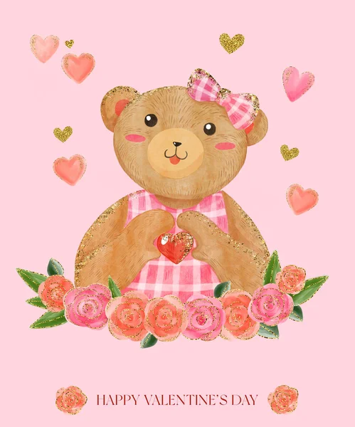 발렌타인데이 인사하는 카드에는 장미가 포스터 귀여운 장난감으로 효과가 분홍빛아름다운 — 스톡 사진