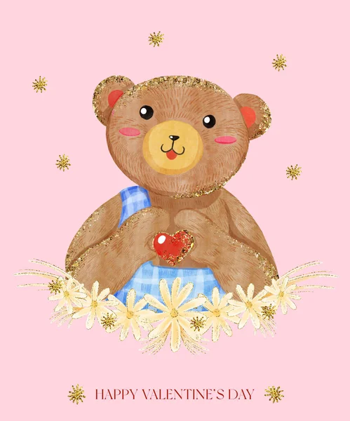 Dia Dos Namorados Cartão Saudação Com Ursinho Pelúcia Segurar Coração — Fotografia de Stock