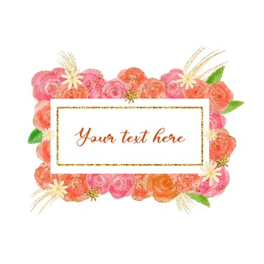 Güller ve altın gırtlak efektiyle suluboya el çizimi dikdörtgen çerçeve. Düğün için romantik şablonlar, sevgililer günü, davetiye, poster, tebrik kartı..
