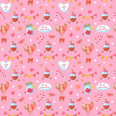 Kalpli, balonlu, şekerli, tatil dekorlu suluboya kavanozlu romantik, pürüzsüz bir desen. Tekstil ürünleri ve ambalaj kağıtları için el yapımı güzel bir süs. Düğün, doğum günü, Sevgililer Günü Sonsuz düzen.