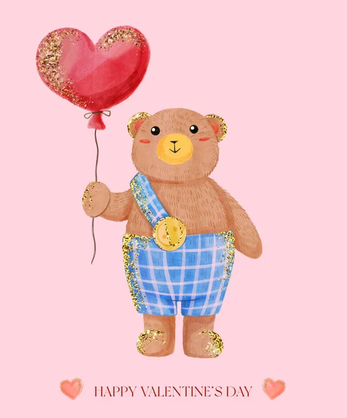 발렌타인데이 카드에 베어가 풍선을 있네요 포스터 귀여운 장난감으로 효과가 분홍빛아름다운 — 스톡 사진