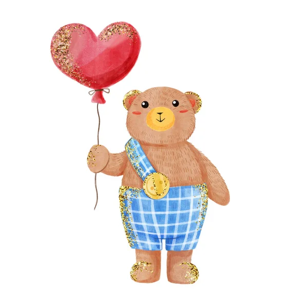 Teddy Bear Cartoon Animal Heart Balloon Valentine Day Watercolor Illustration — Stock Photo, Image