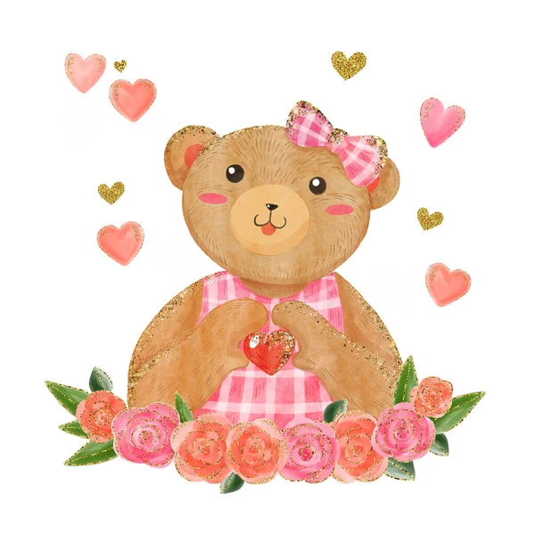 Illustration Aquarelle Fille Ours Peluche Montrent Coeur Amour Pour Saint — Photo