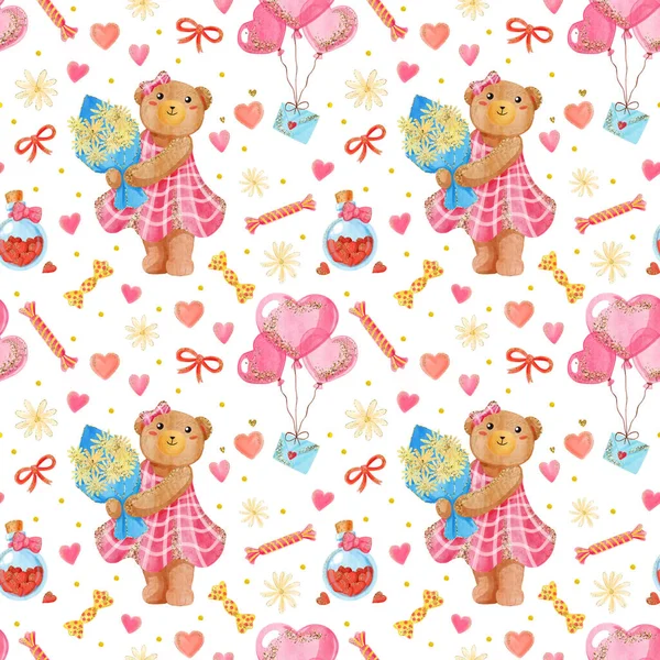 Romantische Naadloze Patroon Met Aquarel Teddybeer Met Bloemen Boeket Ballonnen — Stockfoto