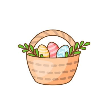 Paskalya sepeti ve yumurta çizgi film ikonu. Tasarım, pankart, yazdırma ve beyazda izole edilmiş oyunlar için vektör illüstrasyonu.