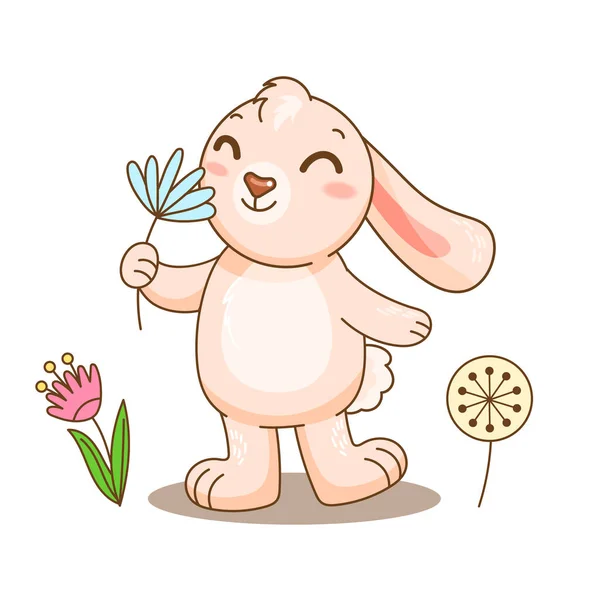 愛らしいピンクのウサギのスニフの花と愛の春 デザイン 子供のポスター 印刷のためのベクトルイラスト 面白い正漫画ウサギの匂いの花 — ストックベクタ