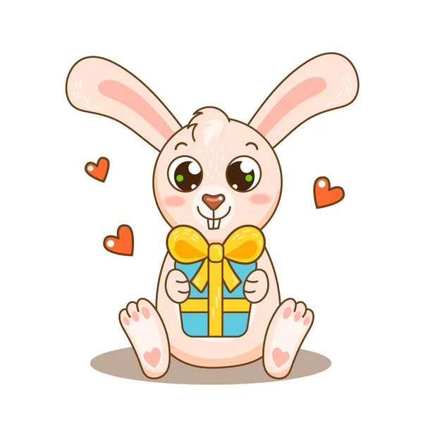 Funny Pink Baby Rabbit Hold Present Greeting Holidays Hearts Vector — Stock Vector