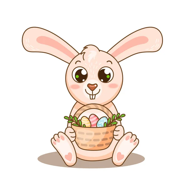 Bébé Lapin Mignon Avec Grandes Oreilles Avec Panier Oeufs Pâques — Image vectorielle