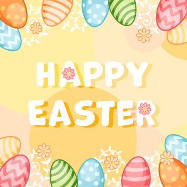 Mutlu Paskalya karikatürü sarı kare afişler, dekoratif yumurtalar ve çiçek unsurları basılı, web siteleri, reklamlar. Tatil kartı için tipografi ve dekor içeren vektör posteri, etiket.