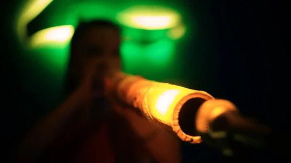 the artist plays the didgeridoo on stage. concert performance close-up microphone