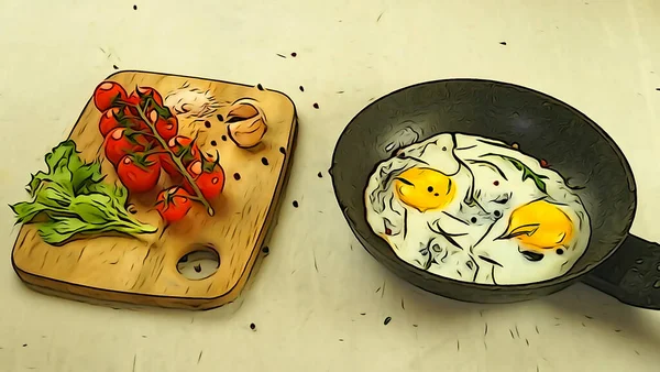 계란튀긴 오믈렛에 토마토와 마늘을 곁들인 스크램블드에그를 먹었다 맛있는 — 스톡 사진