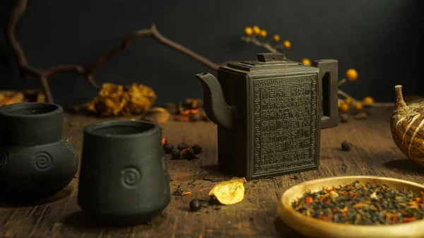 Čínský Čaj Obřad Starověký Vinobraní Jíl Čínská Konvice Klasický Tradiční — Stock fotografie