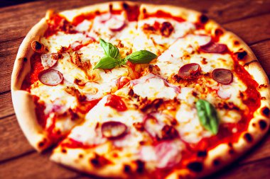 Salamlı pizza, domates, mozzarella, fesleğen ve zeytin.