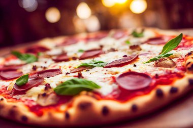 Salamlı, zeytinli ve fesleğenli lezzetli pizza.