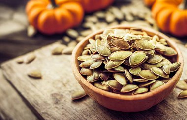 Tahta arka planda bir kasede kabak tohumları