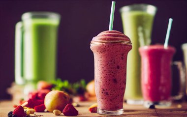 Sağlıklı beslenme konsepti taze smoothie, muz, böğürtlen ve ahududu suyu ahşap masada. Boşluğu kopyala.
