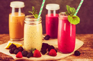 Meyveli smoothie ve ahududu ahşap masada