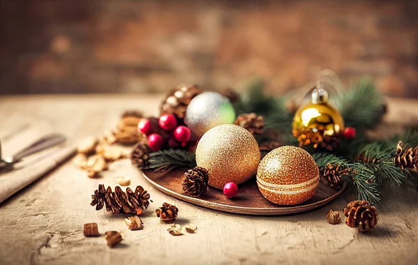 Yılbaşı arkaplan süsleri ahşap masada.