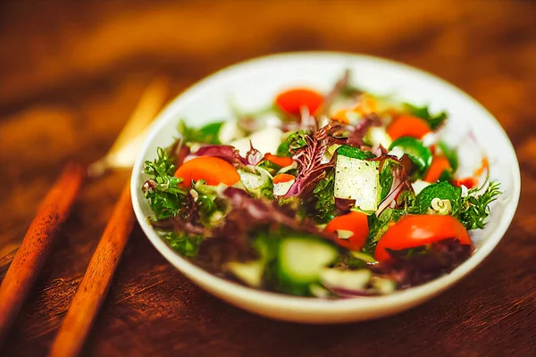 Sağlıklı sebze salatası, yakın plan, ahşap bir masada bulanık arka plan, kırsal stil, sağlıklı yiyecek, çiftlik