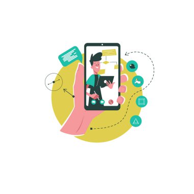 Öğretmen çevrimiçi olarak yeni bilgiler verdi. Akıllı telefon ekranı düz stilinden öğren. Çevrimiçi eğitim, evden öğrenme, yeni bilgi kavramı.