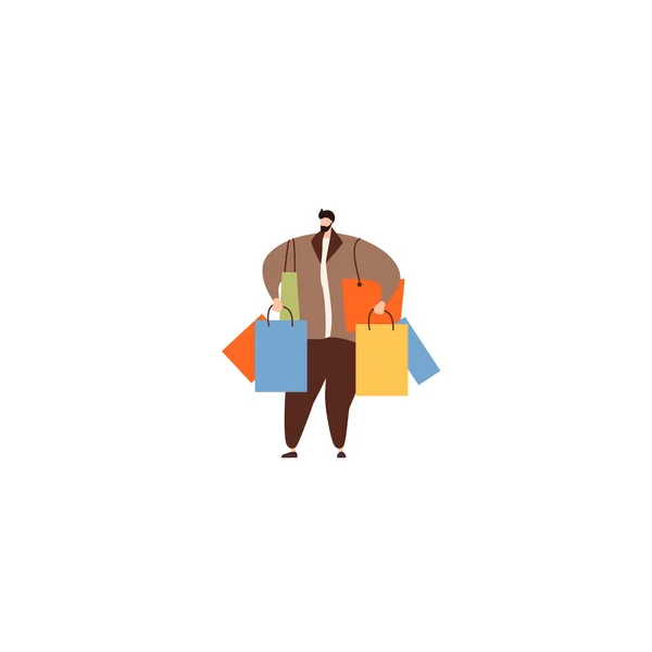 買い物袋を持っている人 ショップ ショップ モールでの季節の販売に参加する男 白地に隔離された漫画のキャラクター — ストックベクタ