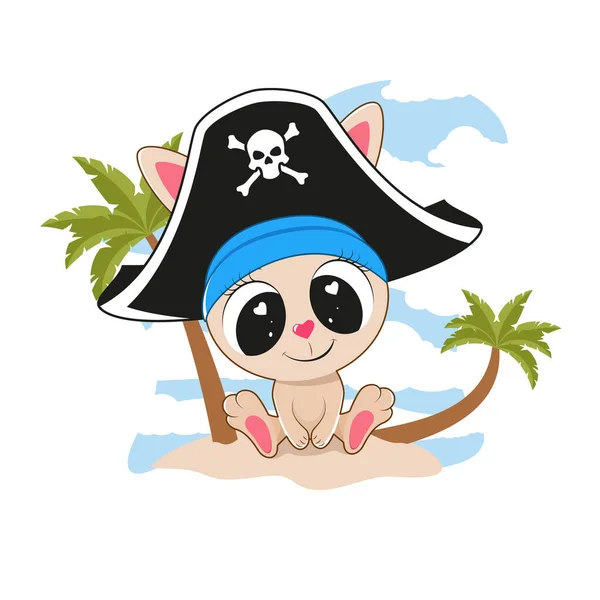 Lindo Conejito Dibujos Animados Sombrero Pirata Isla — Vector de stock