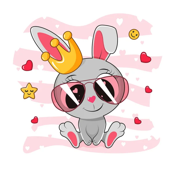 Cute Cartoon Grey Bunny Sits Golden Crown — Stock Vector