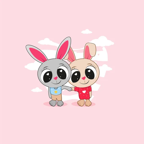Two Cute Cartoon Rabbits Holding Hands — Vetor de Stock