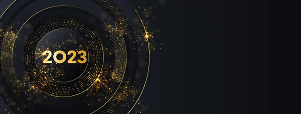 Mutlu yıllar 2023 kış tatili tebrik kartı tasarımı. Parti posteri, afiş ya da davetiye altın parıldayan yıldızlar konfeti sim süslemesi.