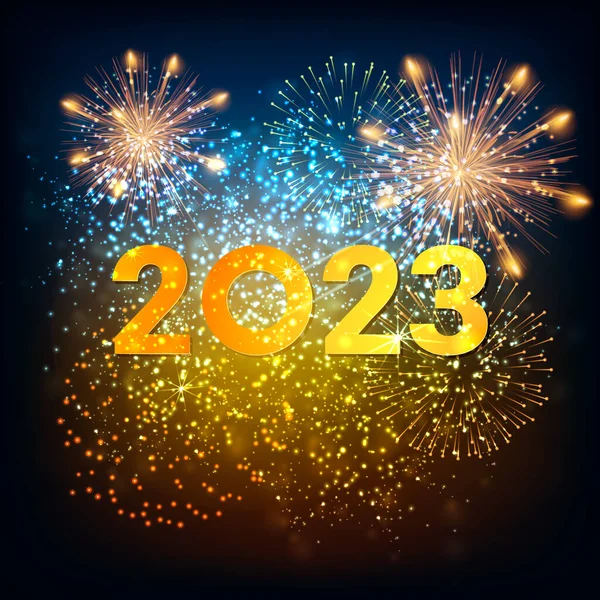 Yeni yılın kutlu olsun 2023. Havai fişeklerin arka planında metin 2023 olan tatil web panosu veya reklam panosu.