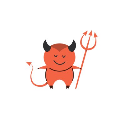 Cadılar Bayramı tebrik kartı ve afişi için şeytan, parti işareti. İşaretli ve sembollü tasvir et. Düz tasarım çizgi film ögesi.